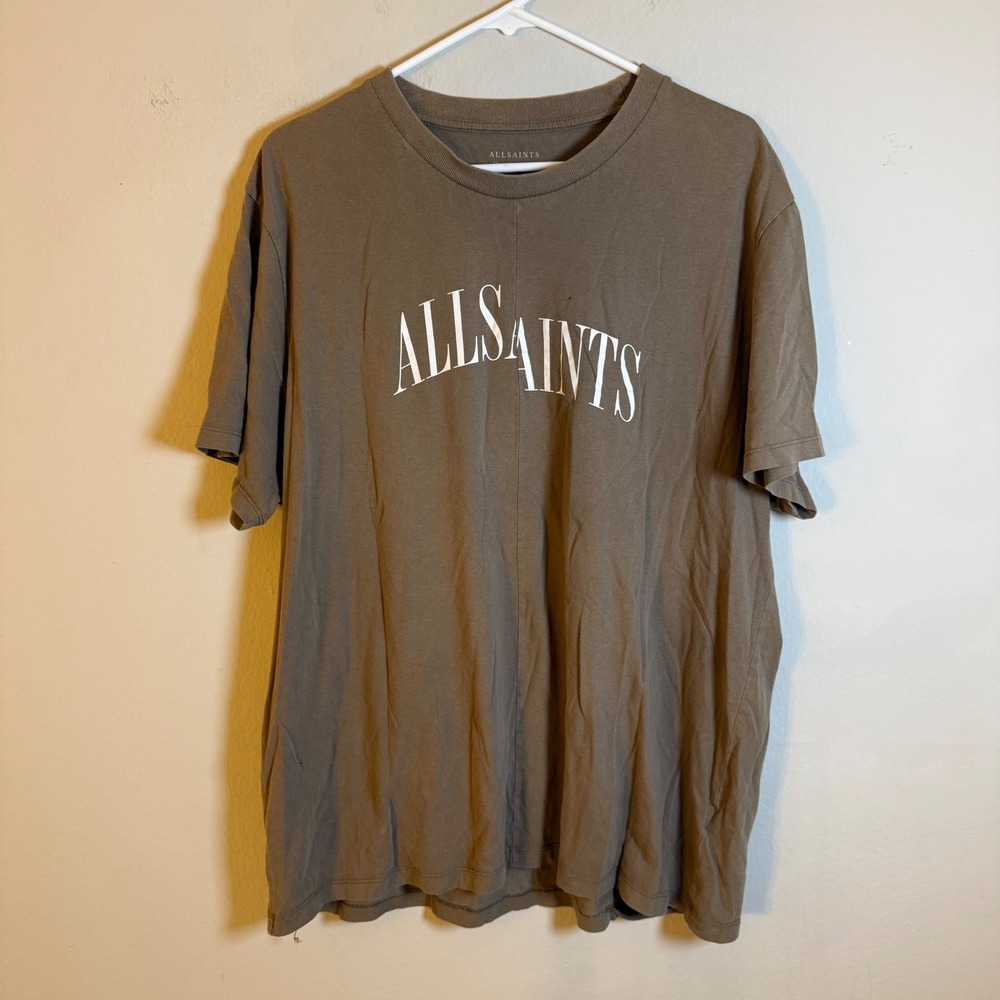 AllSaints Mens Relaxed Fit Logo T-Shirt Brown Taupe Cotton Short Sleeve XL